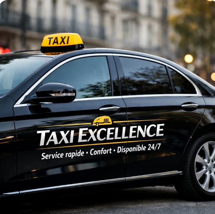 Berline Mercedes noire Taxi Excellence de profil, enseigne TAXI, en ville