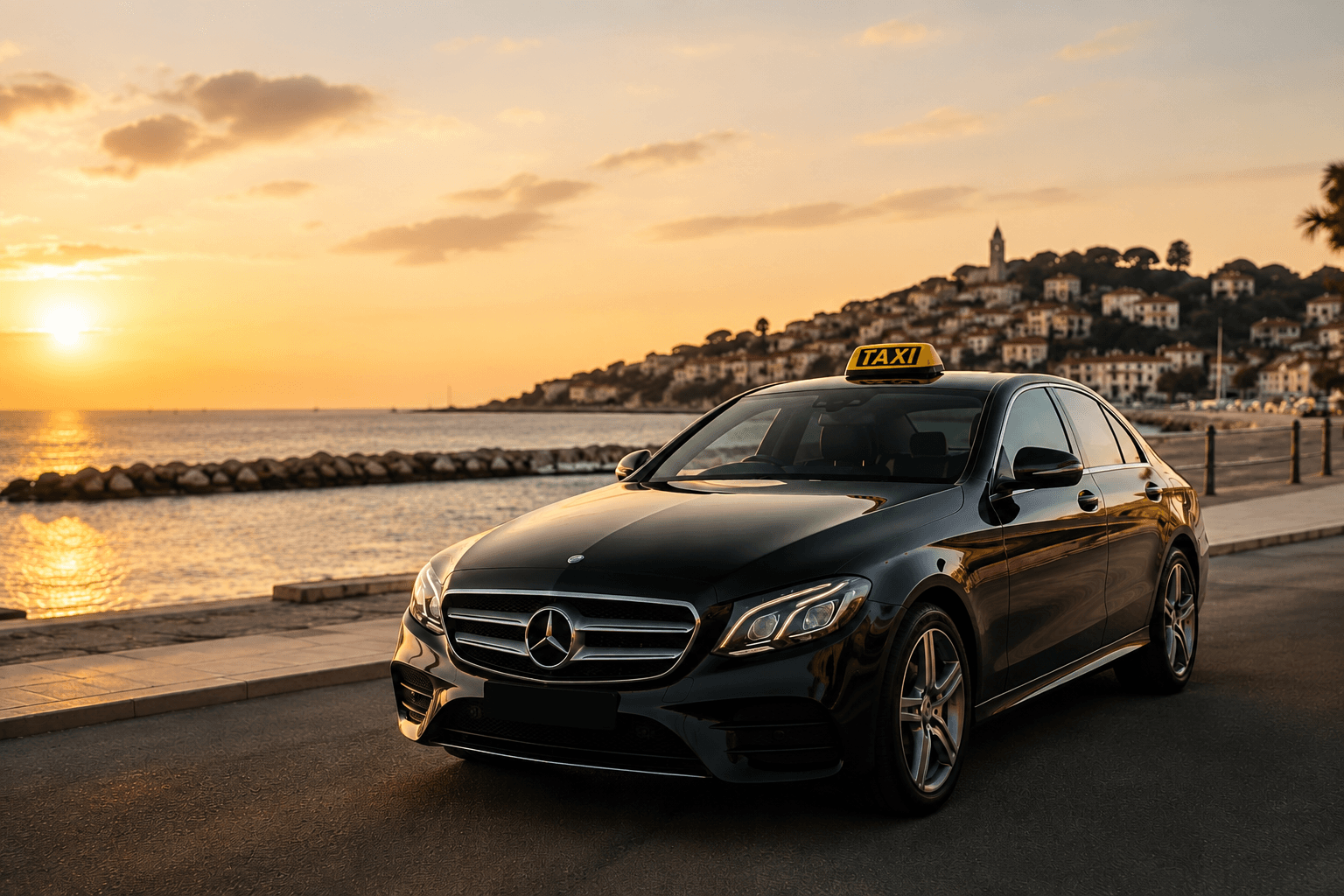 Berline Mercedes de Taxi Excellence, enseigne TAXI, sur le front de mer au coucher du soleil