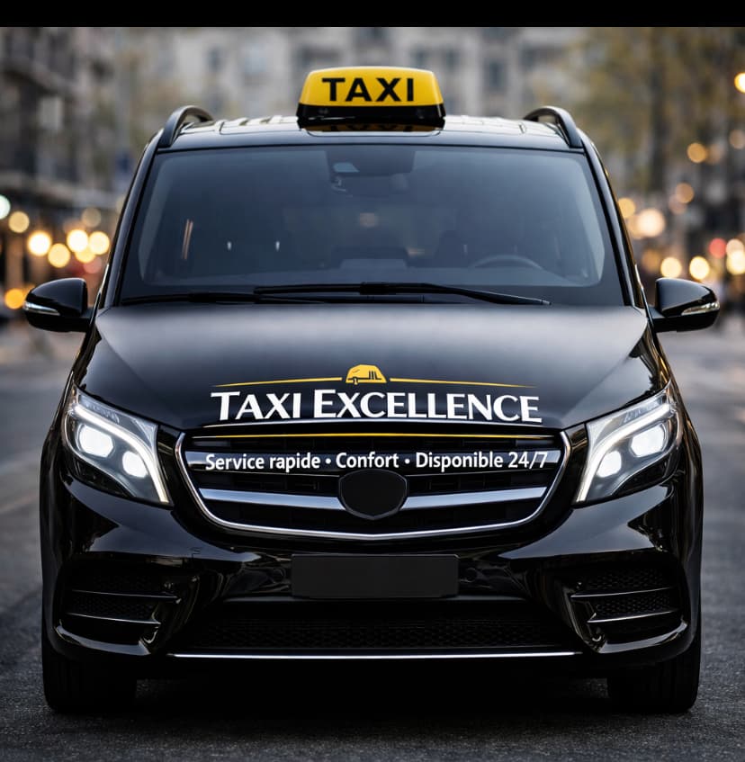 Black Mercedes van of Taxi Excellence with a yellow TAXI sign at night in the city